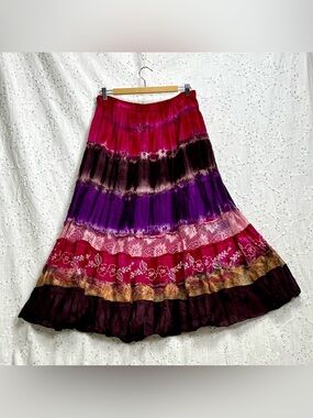 Olivia Boho Tiered Maxi Skirt Pink Purple Lace Cotton Festival Cottagecore L